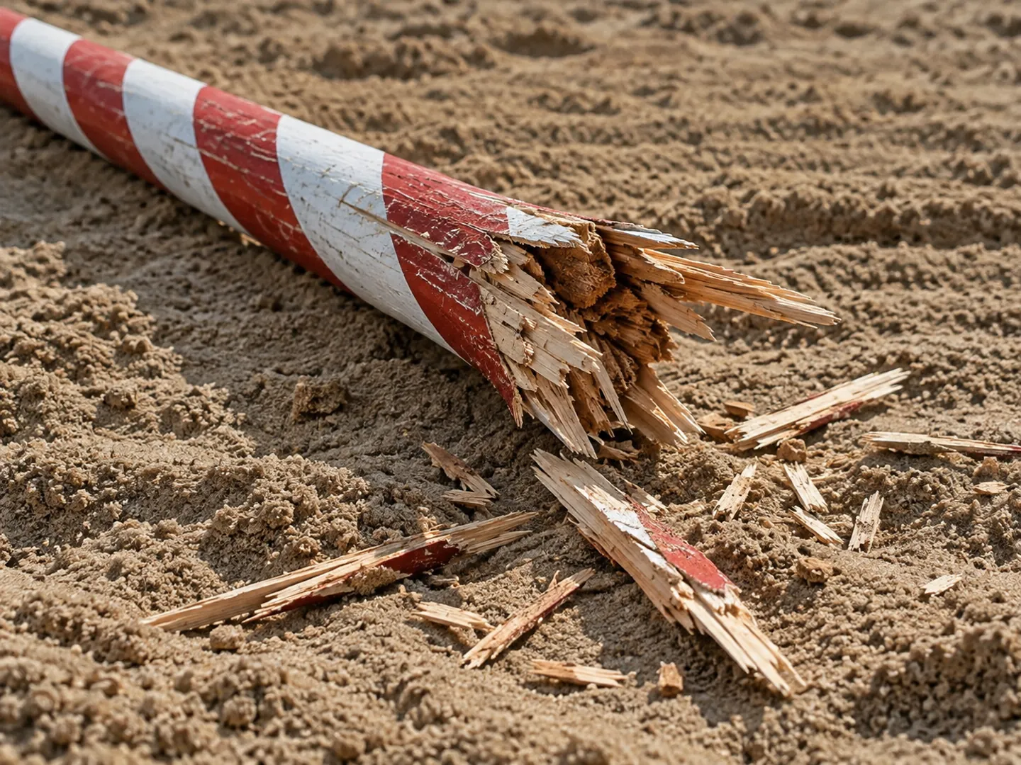 The splintered end of a painted wooden lance lying on sand after breaking on impact