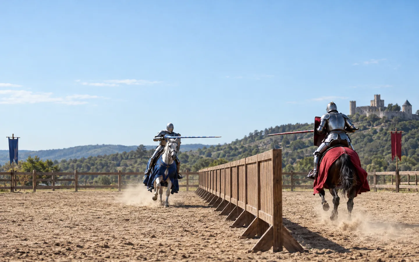 Two riders in full plate armour charging towards each other on either side of a long wooden barrier in a sandy tilt yard, lances lowered